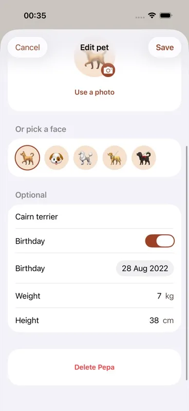 Edit screen scrolled to the bottom, showing a red "Delete [Pet name]" button.
