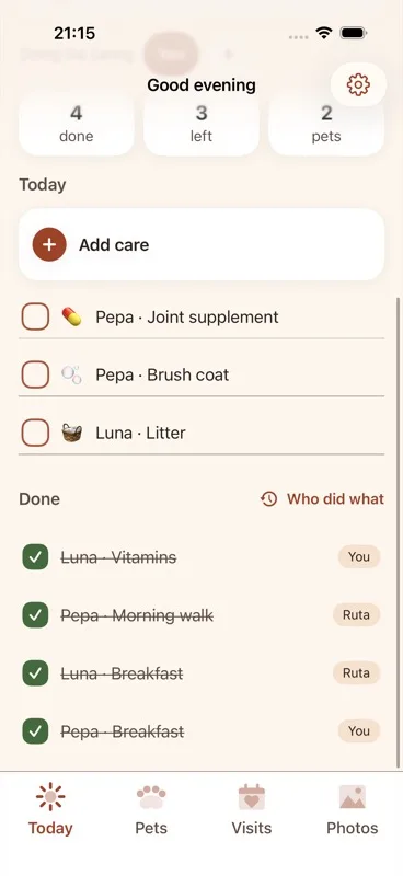 The Today tab's "Done" section header, with the "Who did what" button visible next to it, after one or more care items have been checked off.