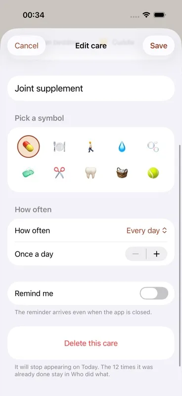 The "Edit care" screen pre-filled with an existing item's details, and the red "Delete this care" confirmation prompt at the bottom.