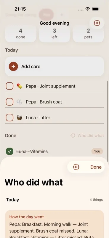 The "Who did what" screen opening, showing the transition from the Today tab.