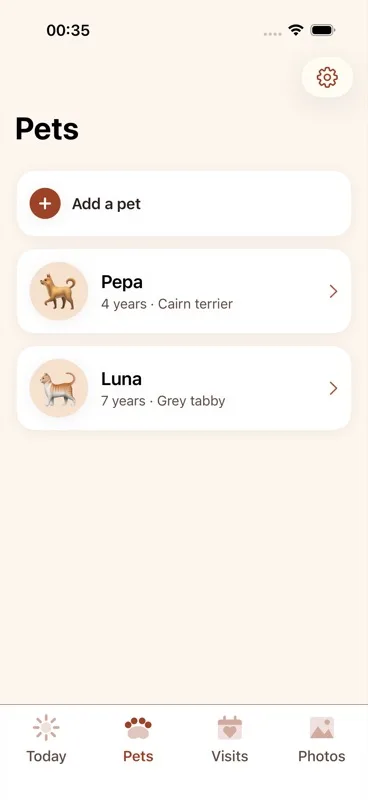 Pets tab showing existing pet cards in a list, with an "Add a pet" row above them.
