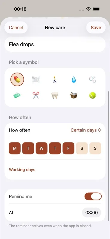 The "Remind me" toggle switched on, the "At [hour:minute]" time picker below it, and the footer note about notifications.