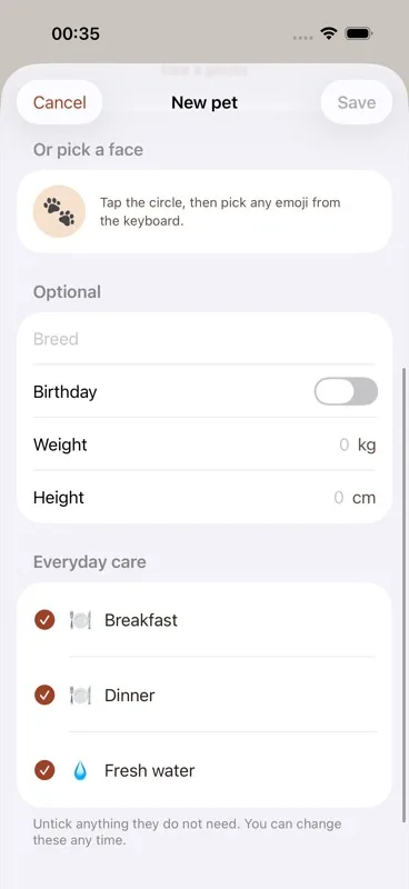 Toolbar at the top of the "New pet" screen showing "Cancel" on the left and "Save" on the right.