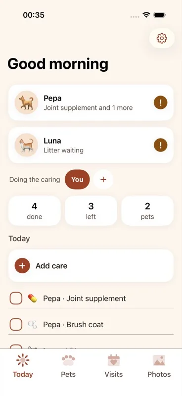 The three summary chips showing counts for "done," "left," and "pets".